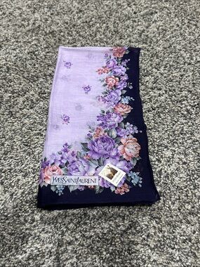 Yves Saint Laurent Lavender and Navy Floral Border Silk Handkerchief